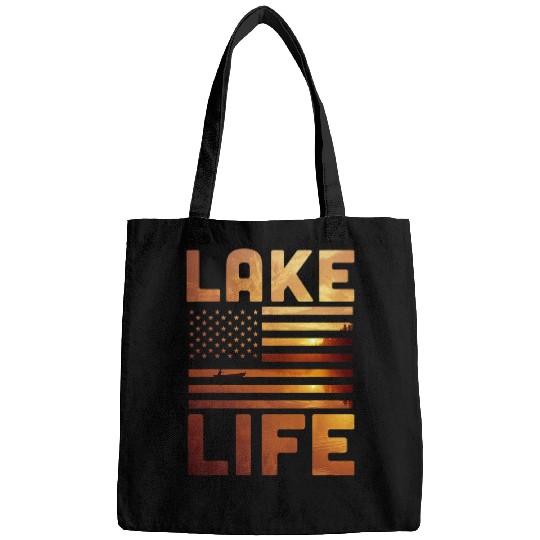 Lake Life Fisherman Sunset American Flag Bass Fishing Boat 2 Bags
