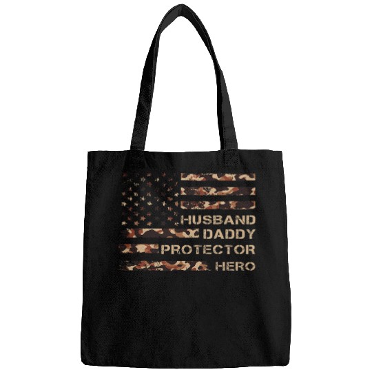 Husband Daddy Protector Hero Fathers Day American Flag Camo Bags
