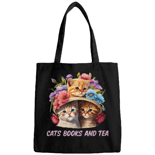 Cats Books and Tea Cat Mom Bookworm Cat Dad Book Lover Bags