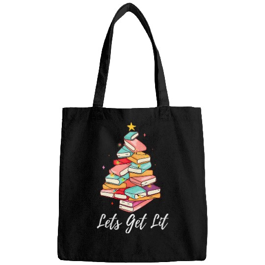 Lets Get Lit Books Tree Lover Christmas xmass Bookish Bags