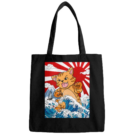 Japanese Kaiju Cat Anime Manga otaku Waves ocean boat Bags