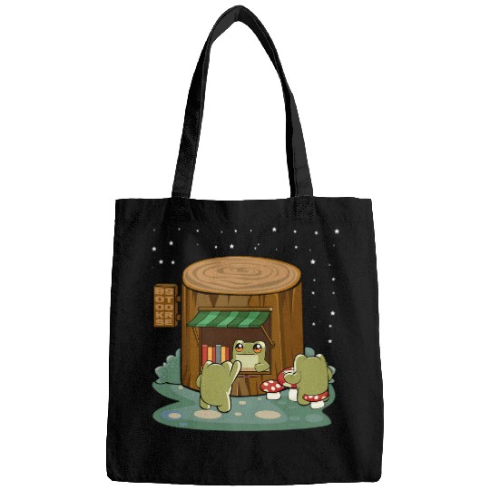 Anime Kawaii Frog Book Store Kiosk in Tree Root Cottagecore Bags