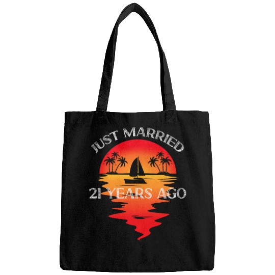 Just Married 21 Years Ago Summer Palm Trees Boat Anniversary Bags