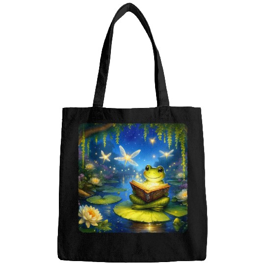Frog Reading Fairy Tale Book With Fireflies Magical Pond Bags