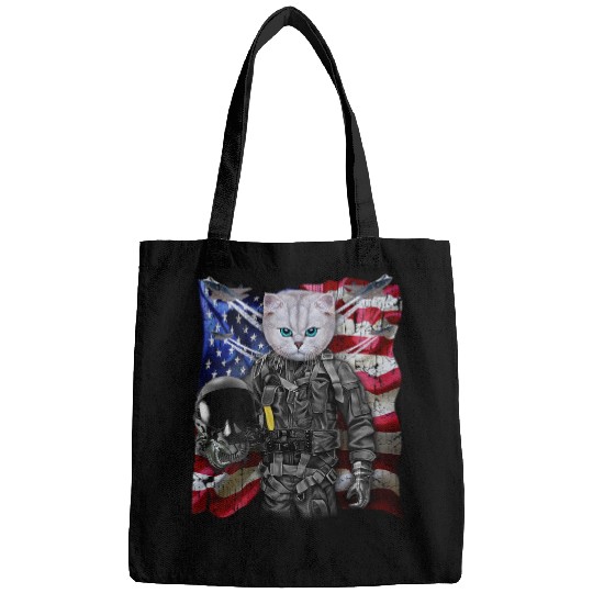Fluffy White Cat Fighter Jet Pilot with Flag of USA Bags
