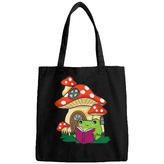 Cottagecore Aesthetic Kawaii Frog Reading A Book Mushroom 1 Bags
