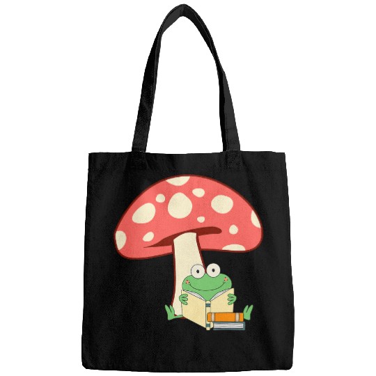 Cottagecore Aesthetic Frog Reading Book Mushroom Lover Bags