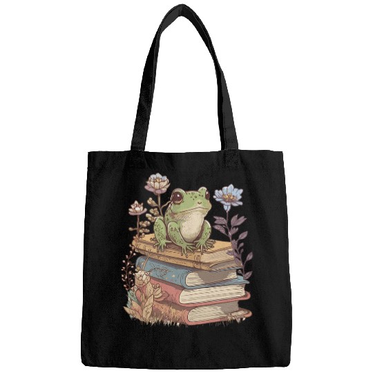 Cottagecore Aesthetic Frog Reading Book Mushroom Lover 1 Bags