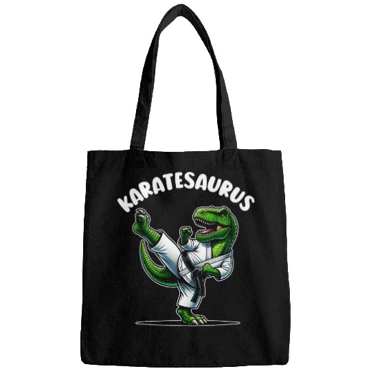 Funny Karatesaurus Dinosaur T Rexs In Karate Gi Black Belt Bags
