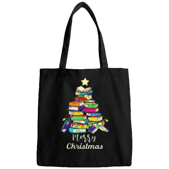 merry christmas tree book lover geek nerd reading book Bags