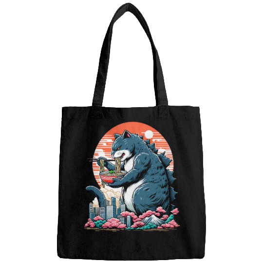 Giant Cat Ramen Retro Kawaii Japanese Anime Art Catzilla Bags