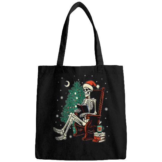 Skeletons Santa Christmas Tree Reading Book Funny Book Worm Bags