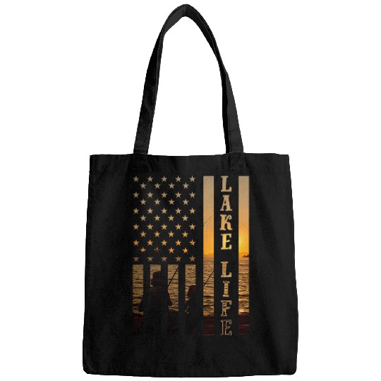sunset lake life fisherman american flag fishing boat lover Bags