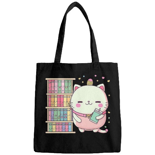 Cute Kawaii Book and Cat Lover Librarian Reading Bags