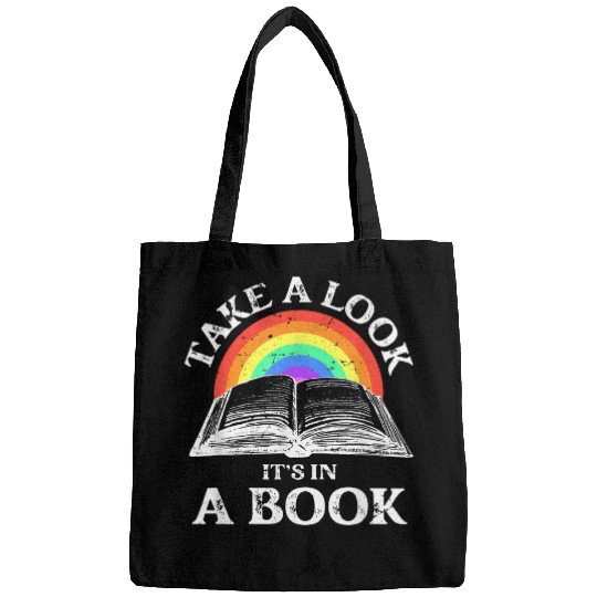 Take A Look Its In A Book Retro Rainbow Reading Book Lover Bags