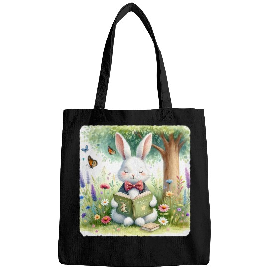 Rabbit In Bow Tie Reads Spell Book In Meadow Reading Bags