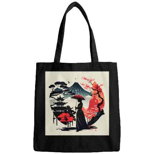 Lady with Umbrella cherry blossom bonsai mountain view Bags