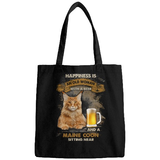 Happiness is an old woman with a beer and a maine coon Bags