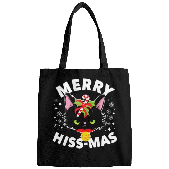 Angry Cat Merry Hiss Mas Pun Holly Black Cute Cats Christmas Bags