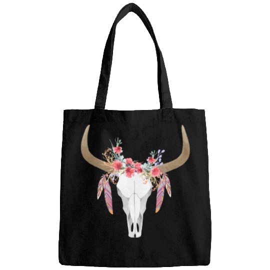 Floral Cow Skull With Feathers Bull Skull Bags