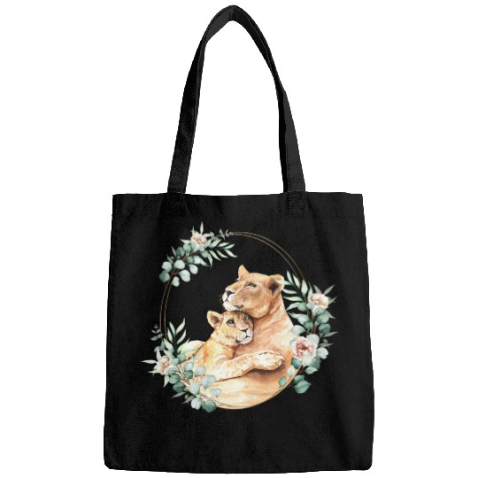 Mommy and Baby Lion in a Floral Gold Wreath Frame Bags