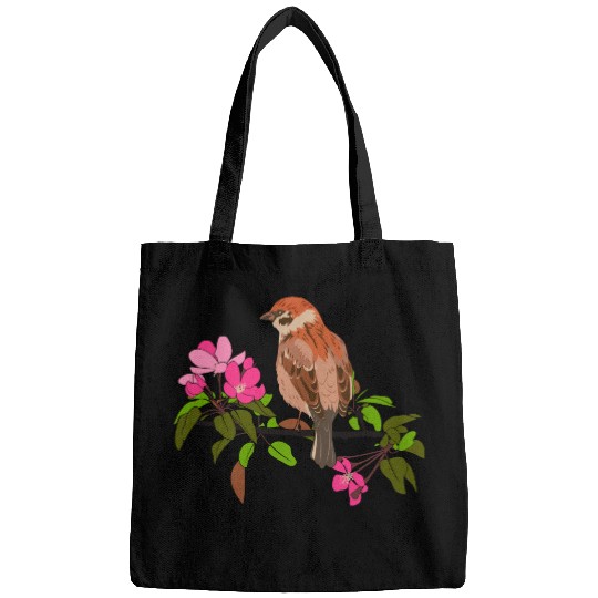 Sparrow on a branch pink flowers of an apple tree Bags