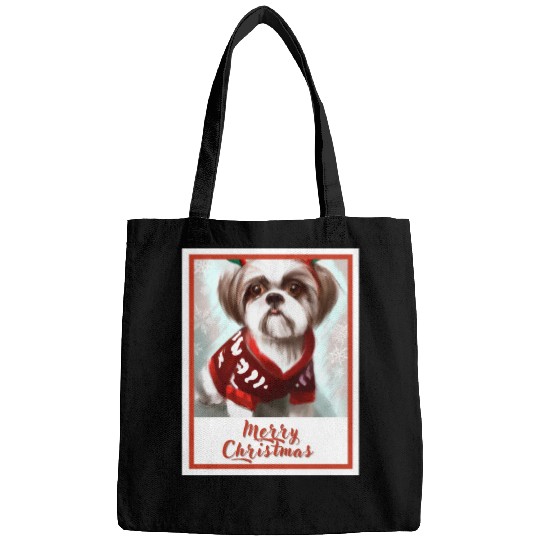 Shih tzu dog in a Christmas reindeer sweater. Bags