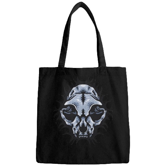 Cat Skull Bursting out gray scale oddities Bags