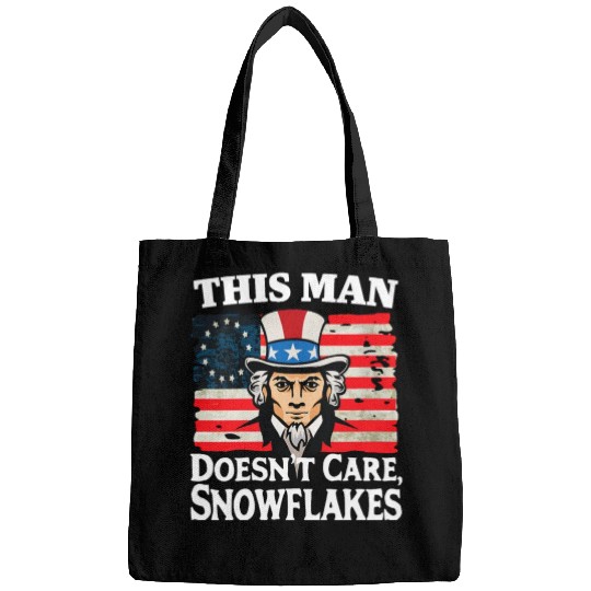 This Man Doesn't Care, Snowflakes Funny US Flag Bags