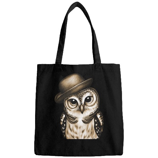 owl wearing derby hat - brown color Bags
