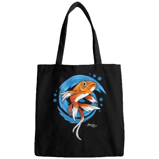 Carp Koi Fish on Blue waves green Bags