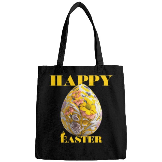 Happy Easter Egg Design with Floral Elements Bags