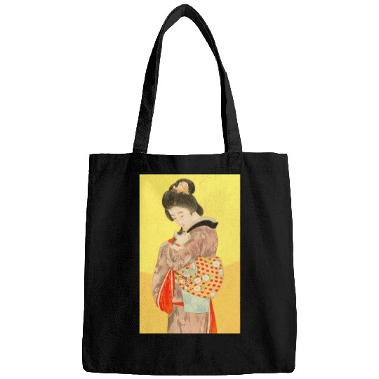 Geisha in Kimono with Cat Retro art Bags