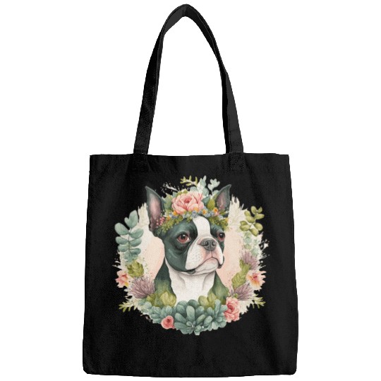 Cute Boston Terrier Flower Crown Pet Dog Floral Pu Bags