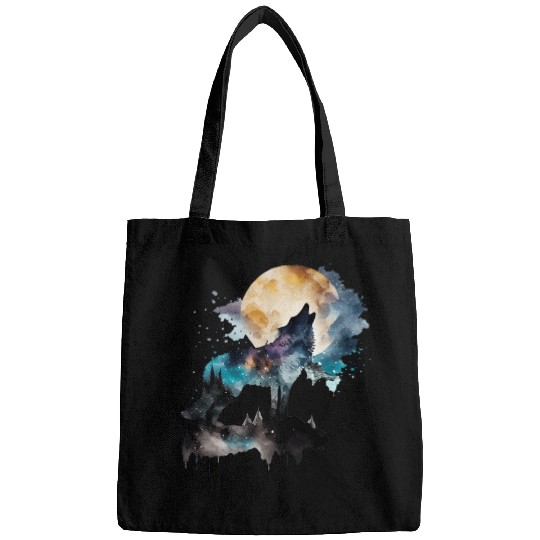 Mountain Wolf Multicolor Watercolor Portrait Bags