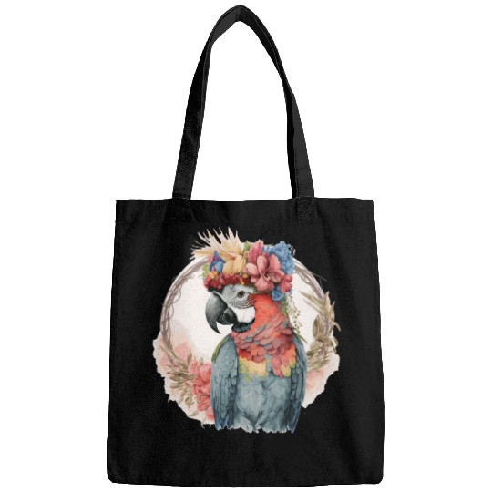 Colorful Parrot Watercolor Macaw Bird Flower Crown Bags
