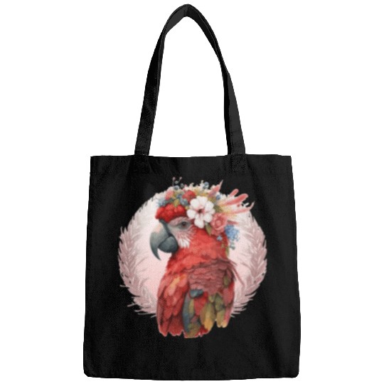 Red Scarlet Macaw Flower Crown Parrot Watercolor B Bags