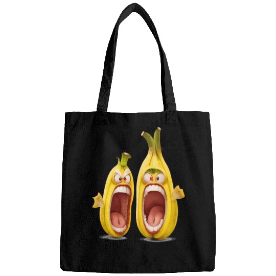Two bananas with angry face screaming cartoon Bags