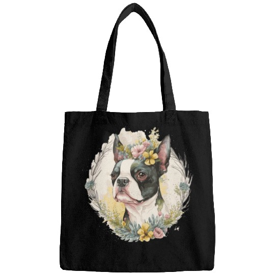 Cute Boston Terrier Flower Crown Pet Dog Breed Flo Bags