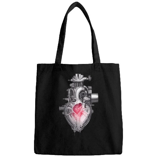 Realistic human heart like car engine ink drawing Bags
