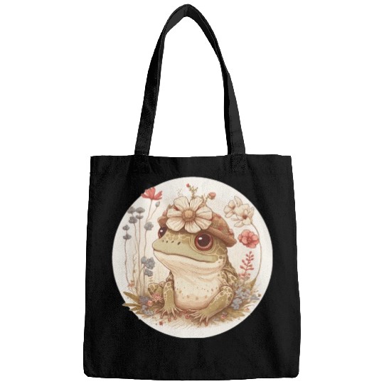 Cottagecore Cute Frog Toad Flower Crown Dark Acade Bags