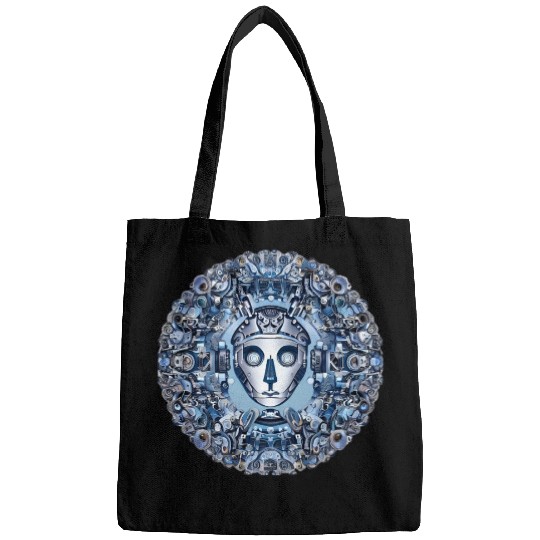 Aztec robot face and mechanical mandala Bags