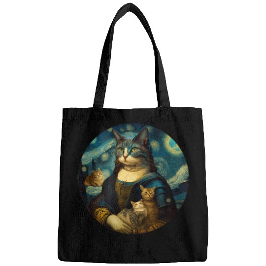 Mona Lisa With Cats Starry Night Van Gogh Painting Bags