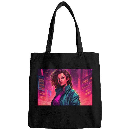 Girl in front of a Neon Pink Cityscape Bags