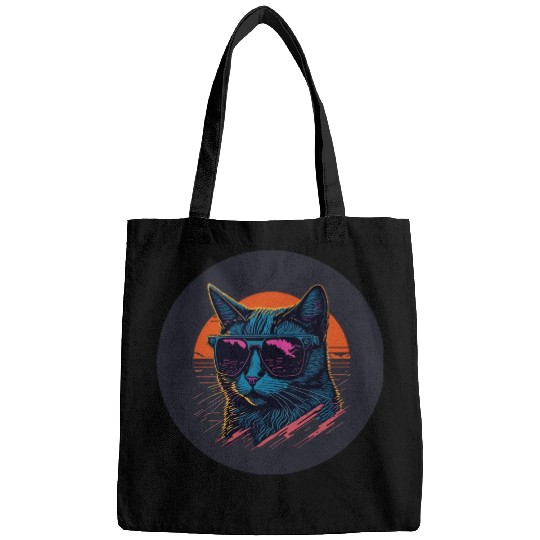 Synthwave Cat art Bags