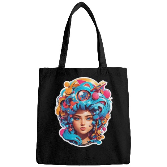 Psychedelic girl with multi color hair. futuristic Bags