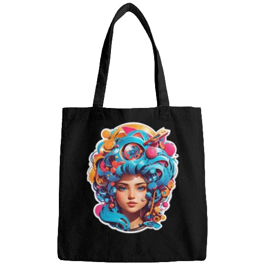 Psychedelic girl with multi color hair. futuristic Bags