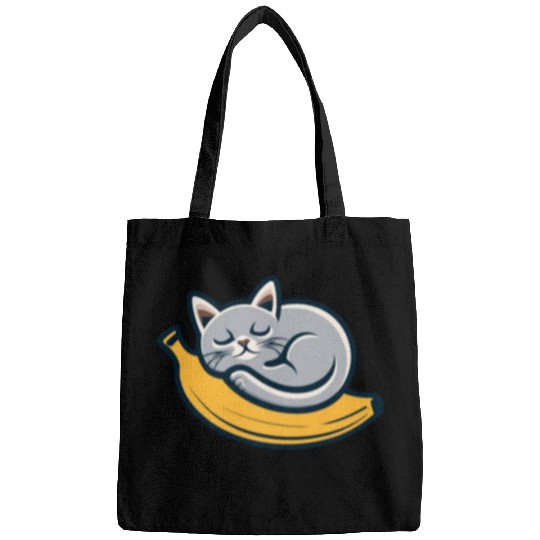 Gray Cat Sleeping On A Banana Bags