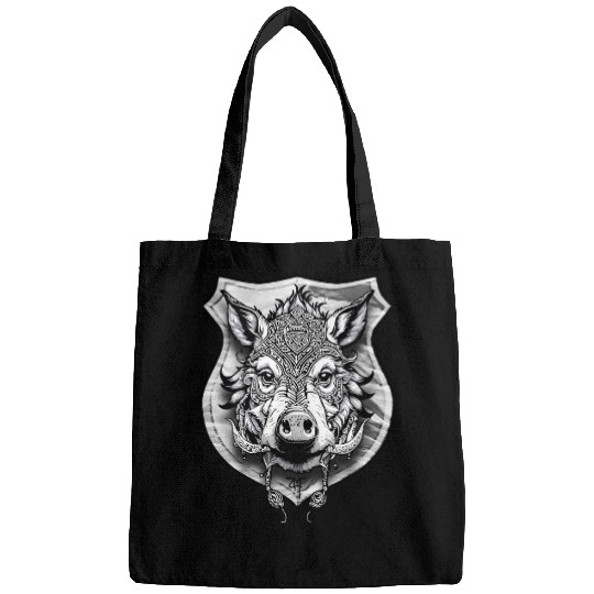 shield with wild boar head - DIGITAL - grayscale Bags