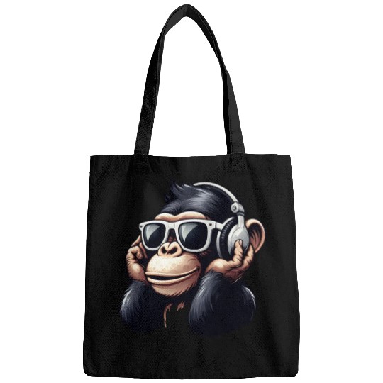 Chimpanzee with sunglasses and headphones Bags